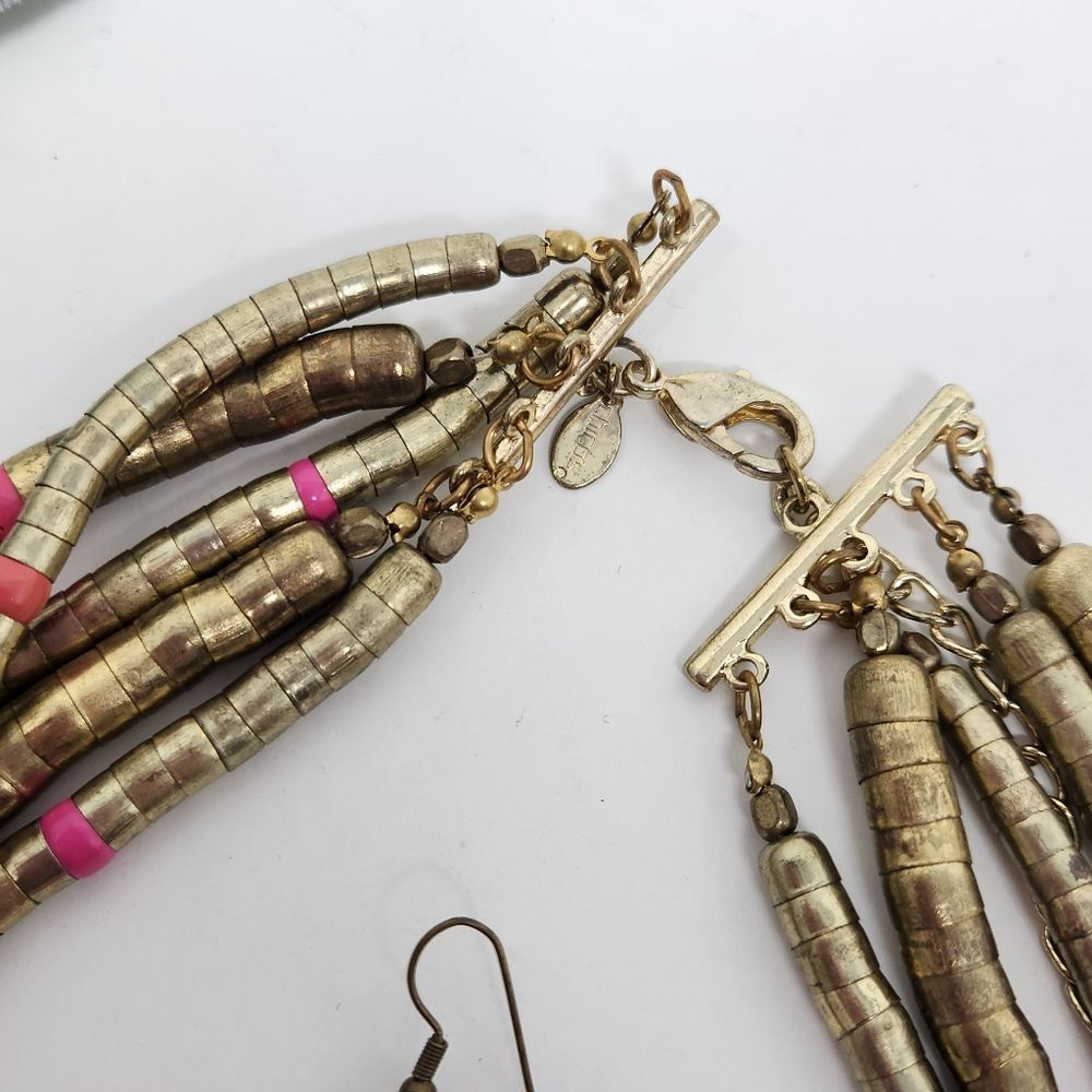 CHICOS Long‎ Layered Geometric Chunky Necklace Pink Antique Gold Earrings Set - Picture 4 of 7